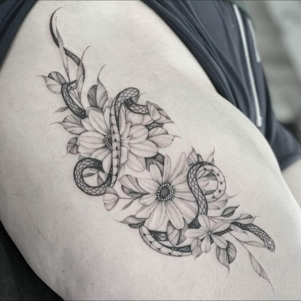 Dahlia Flower And Snake Tattoo