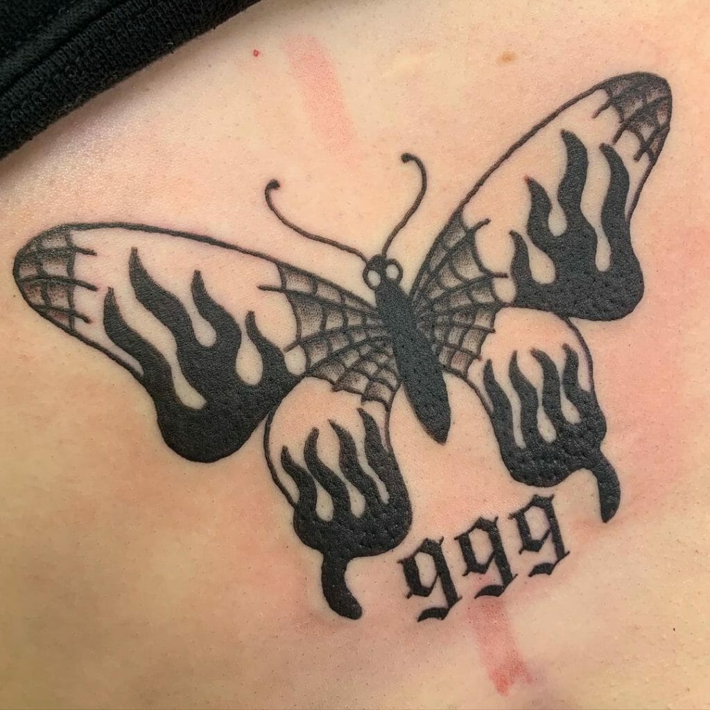 Dark And Bold 999 With Butterfly Blackwork Tattoo