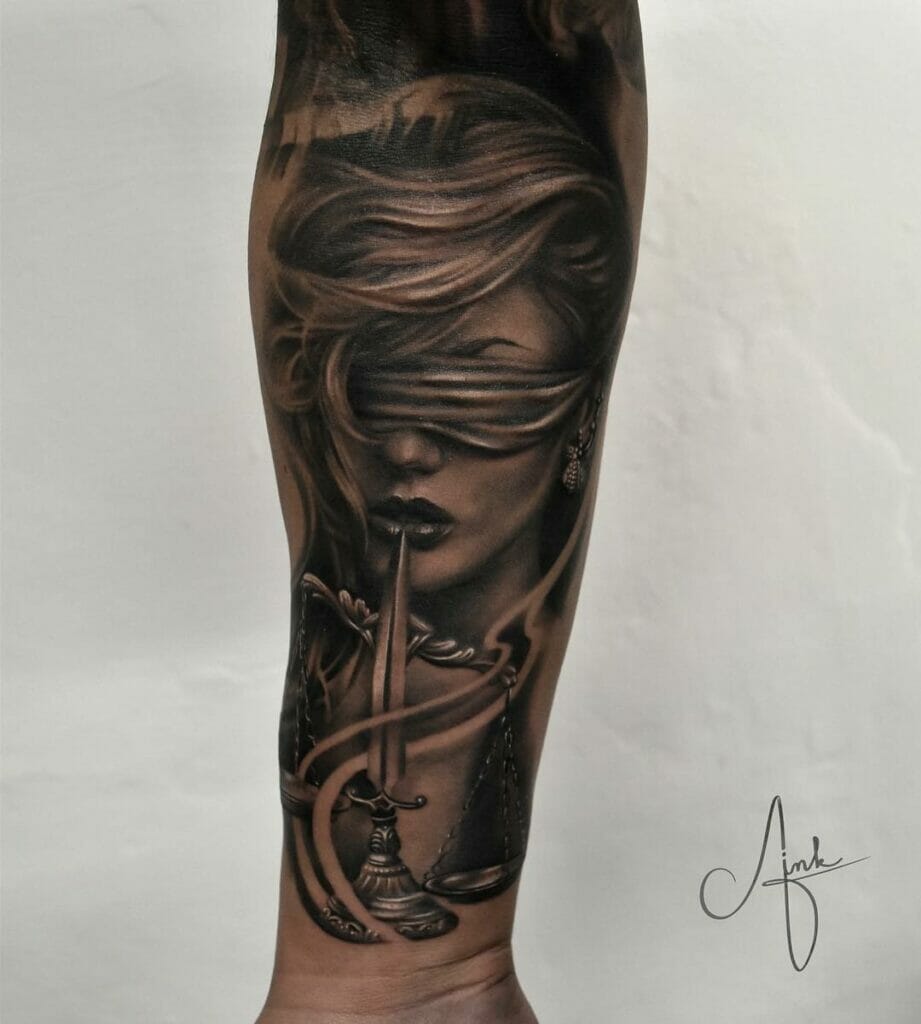 Deadly And Dangerous Lady Justice Tattoo