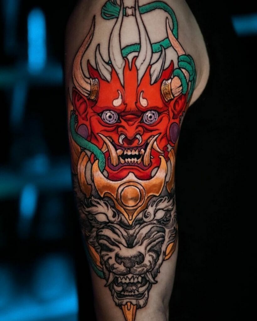 Detailed Oni Mask Tattoo