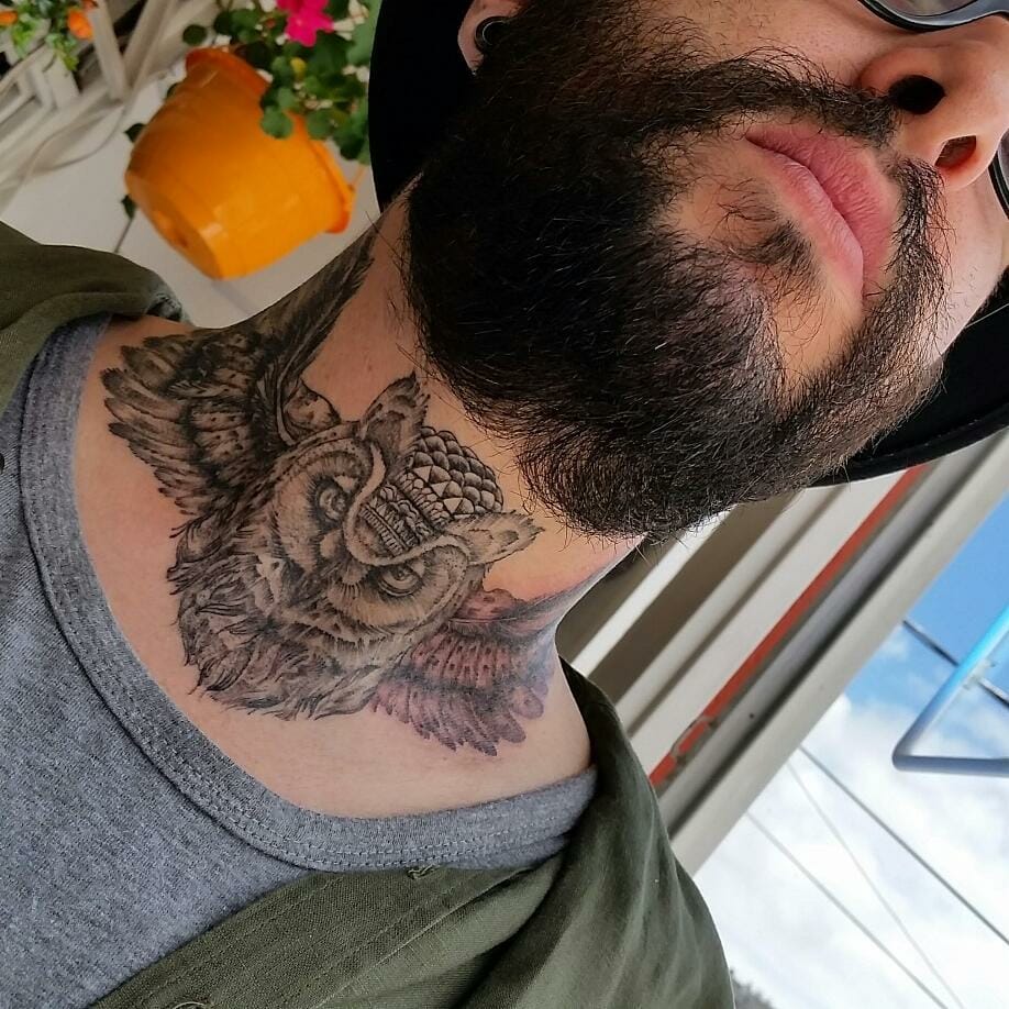 Detailed Owl Neck Tattoo