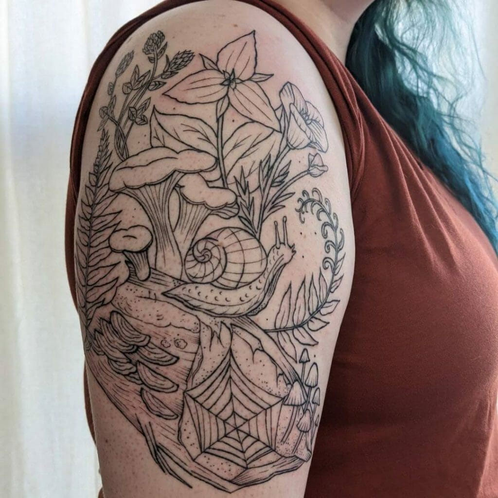 Detailed Snail On The Forest Floor Tattoo
