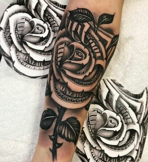 Dollar Money Rose Tattoo With Thorns