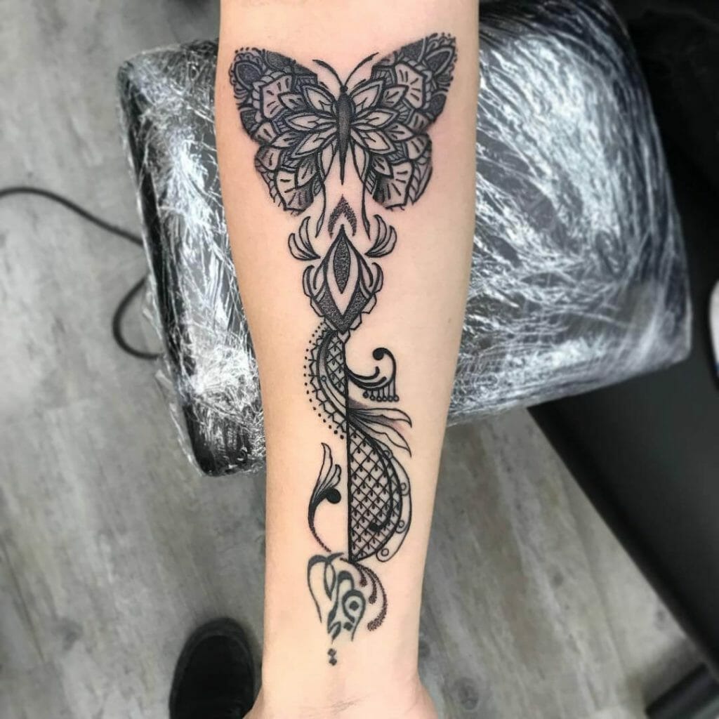 Dotwork Butterfly Mandala Forearm Tattoo