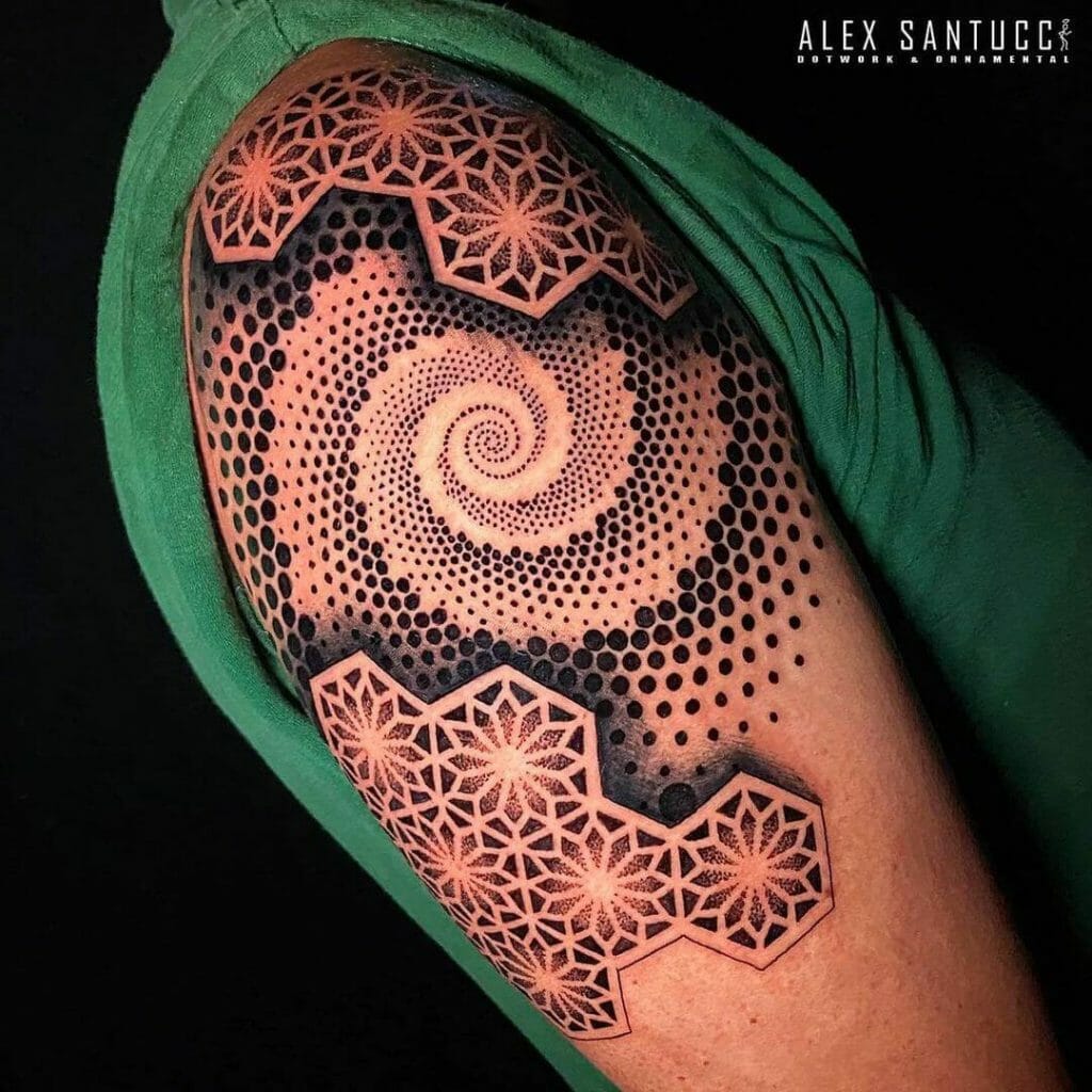 Dotwork Chambered Nautilus Shell Tattoo With Hexagons