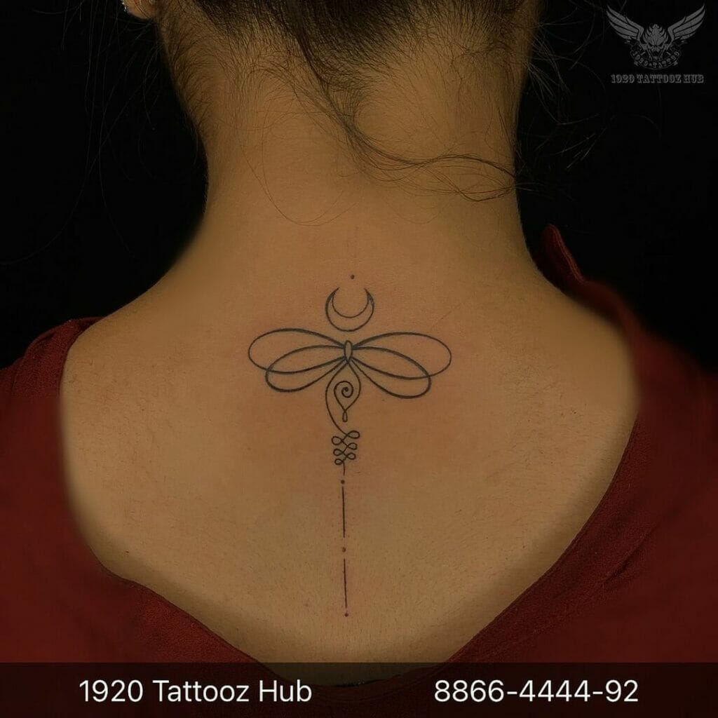 Dragonfly Back Unalome Tattoo Design