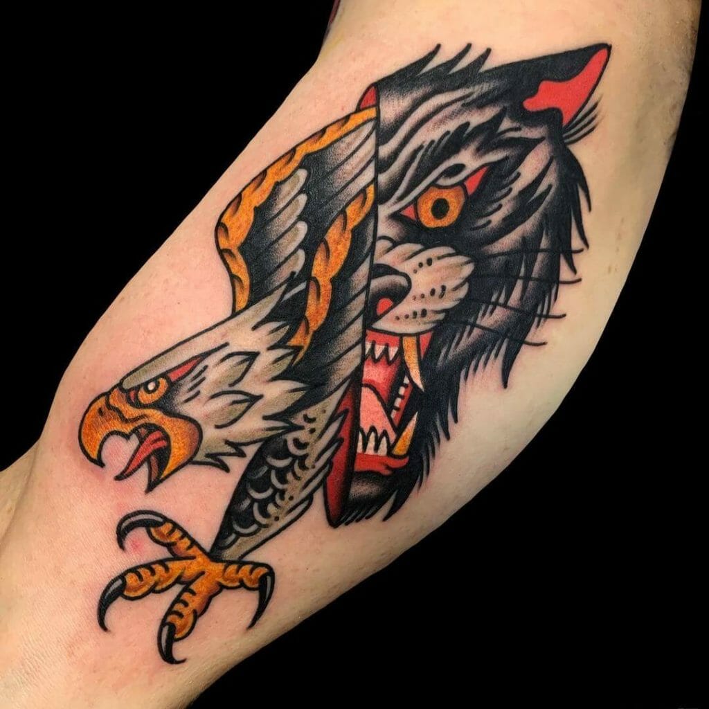 Eagle And Wolf Head Tattoo