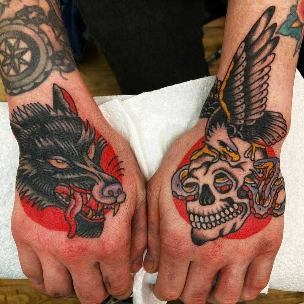 Eagle, Skull, And Traditional Wolf Tattoo