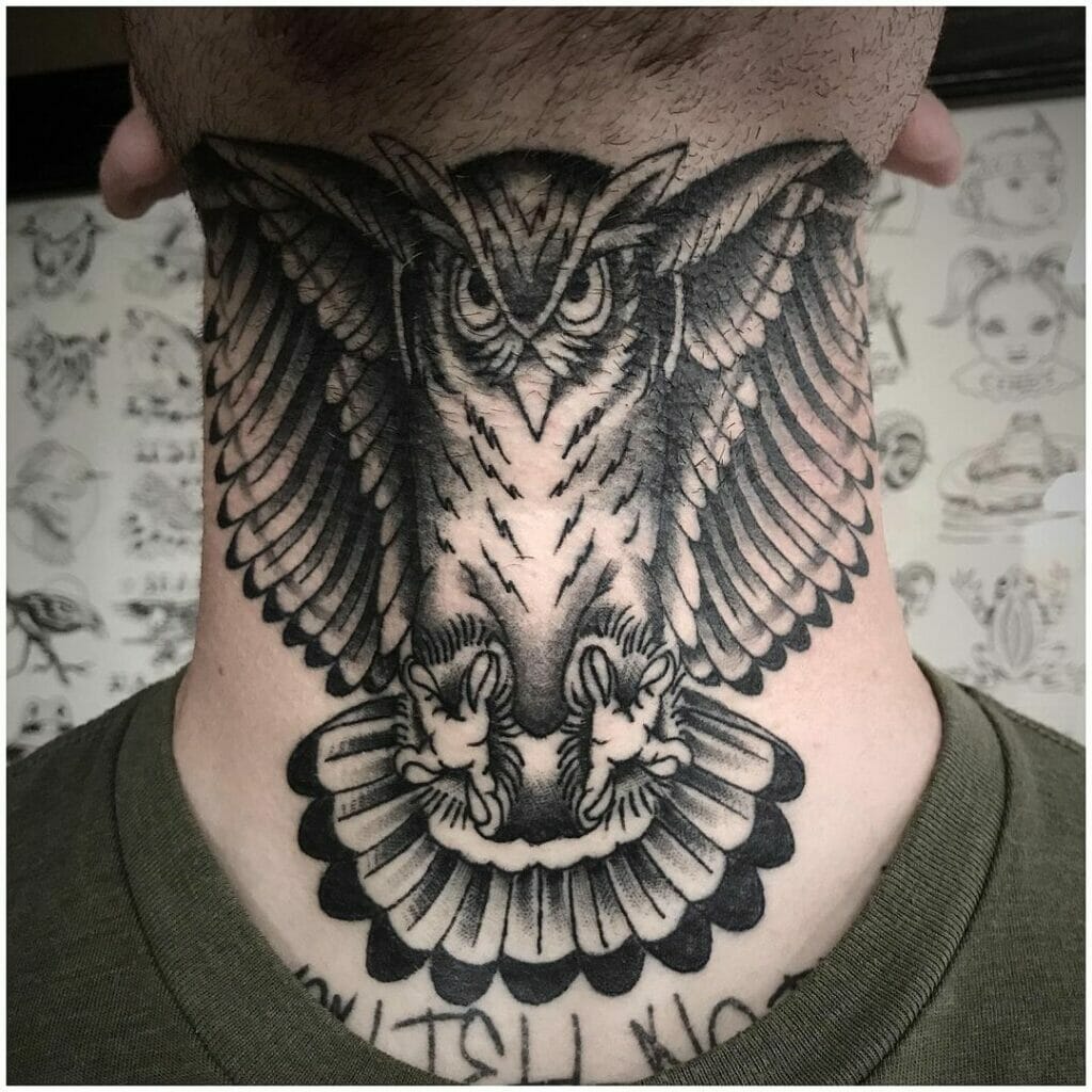 Elaborate Owl Neck Tattoo Designs