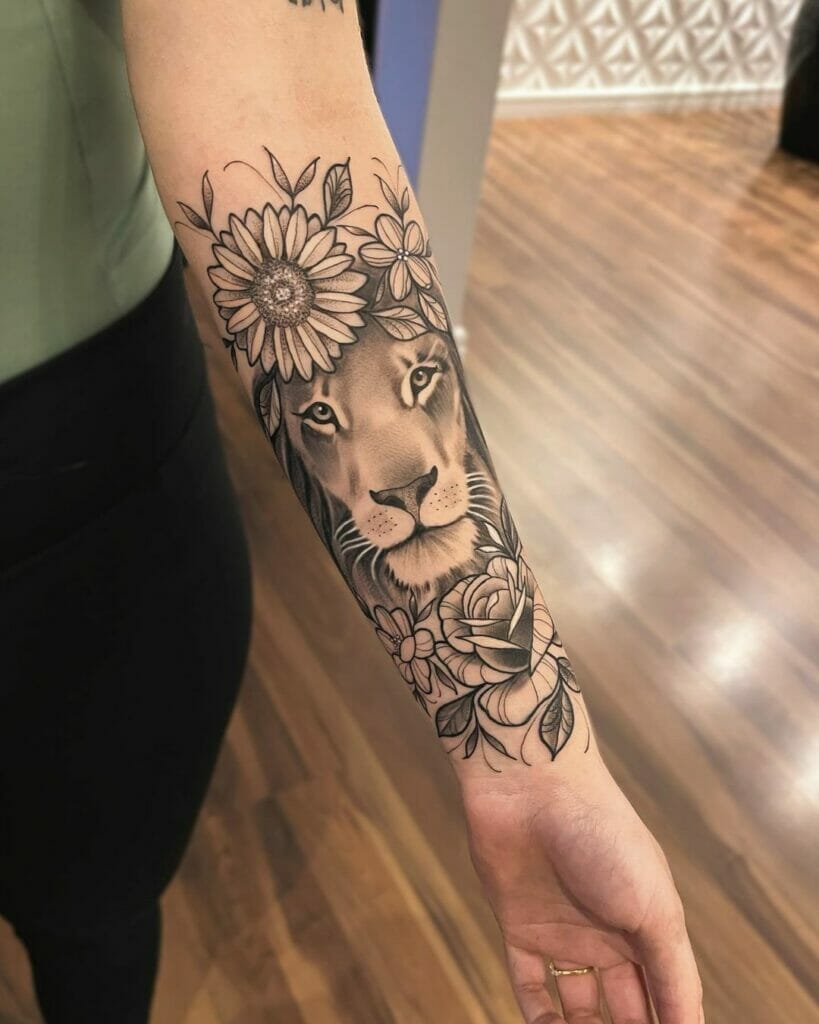 Female Lion Head With Crown Tattoo