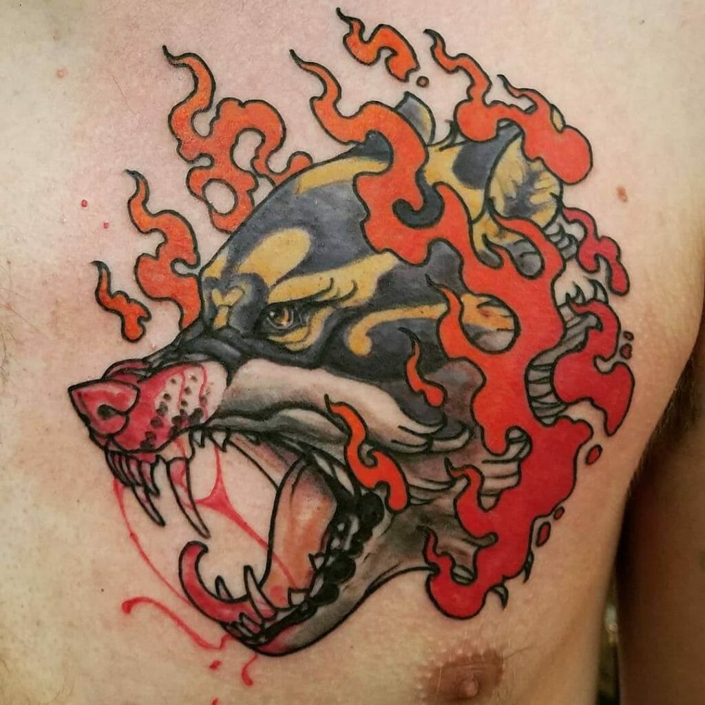 Fiery Wolf Chest Tattoo