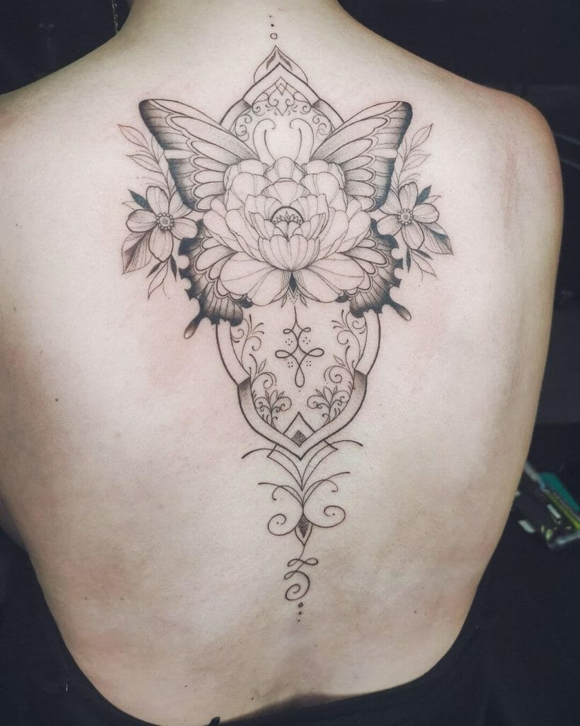 Fineline Butterfly Floral Mandala Back Tattoo