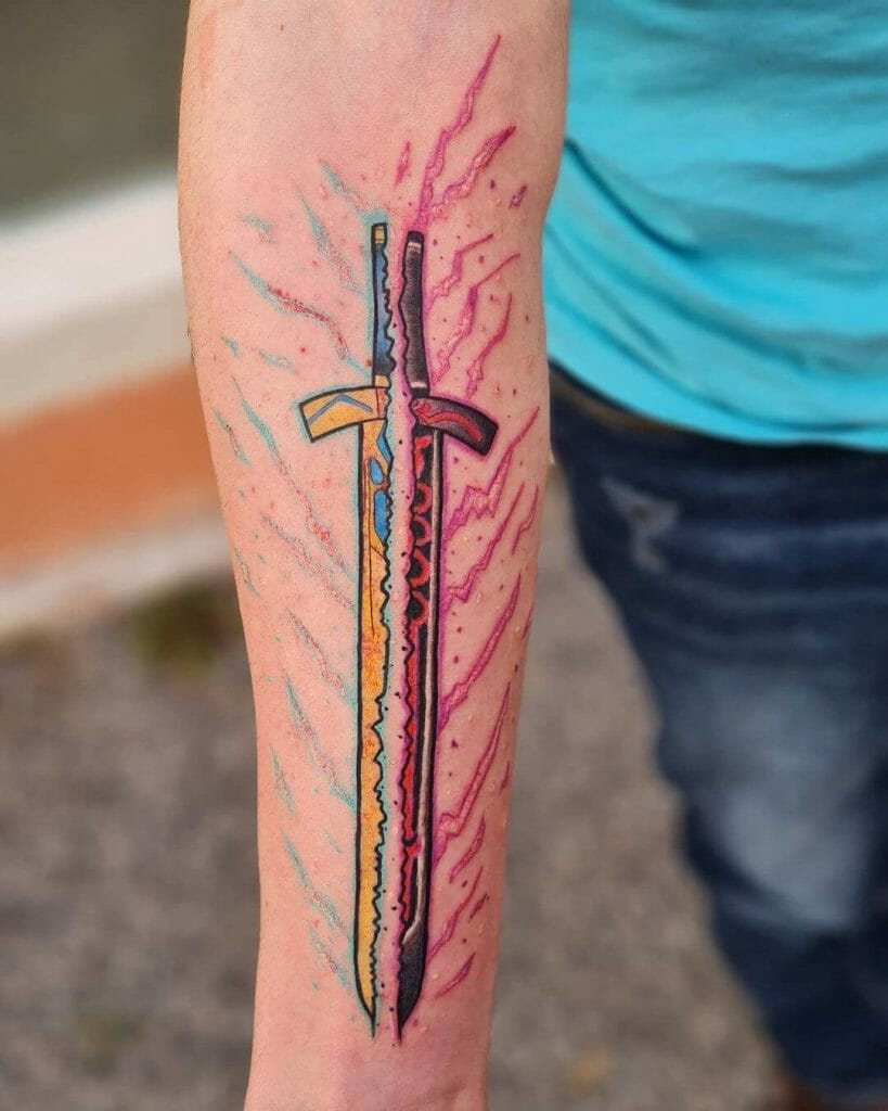 Flaming Excalibur Forearm Tattoo