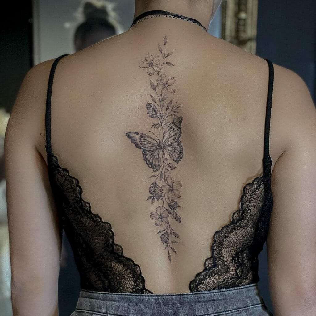 Floral Butterfly Full Back Tattoo On Spine