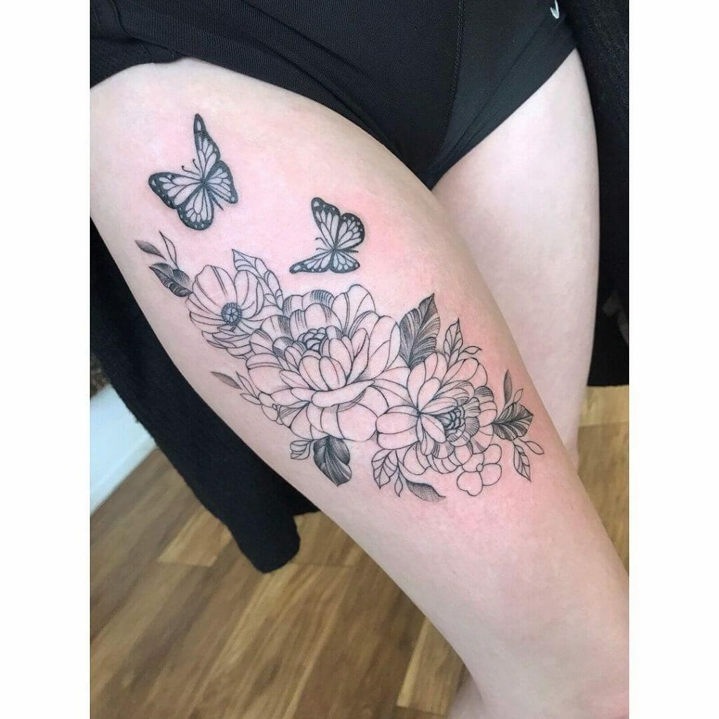 Floral Butterfly Tattoo On Leg