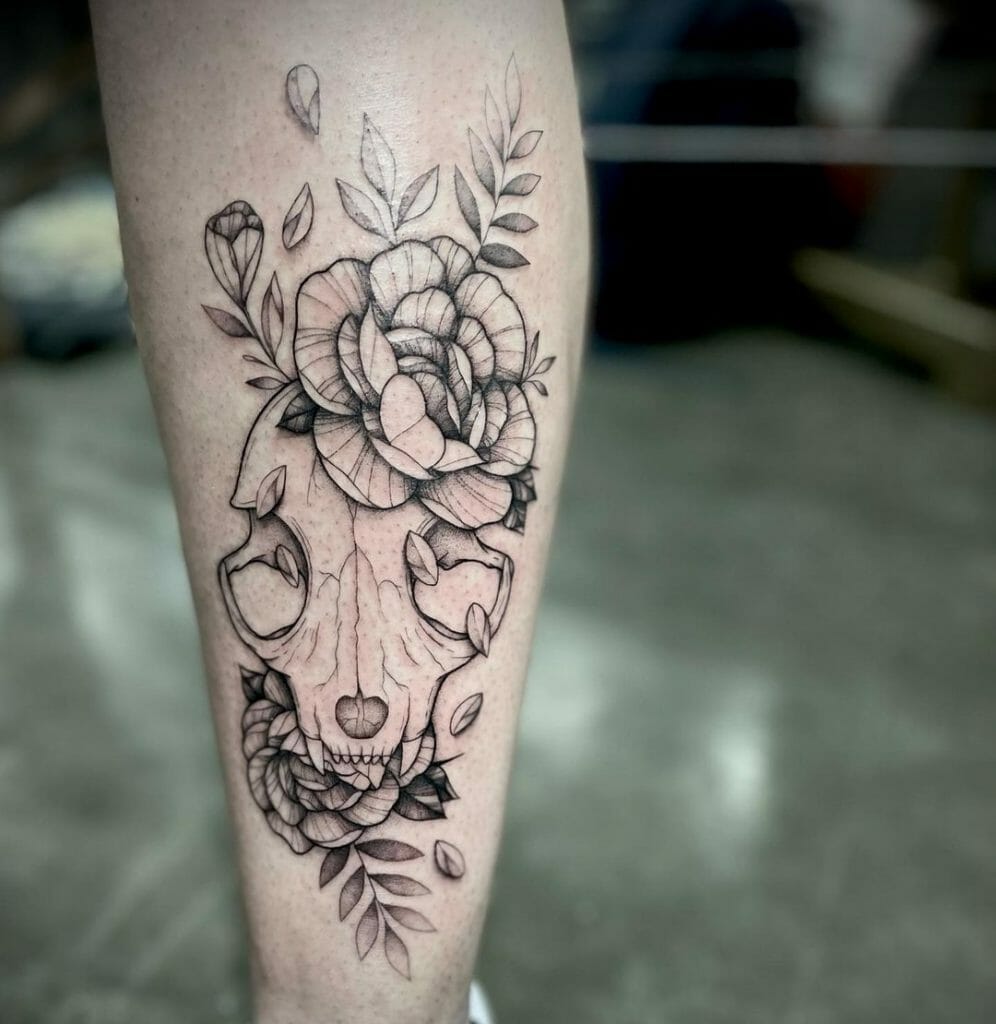 Floral Cat Skull Tattoo