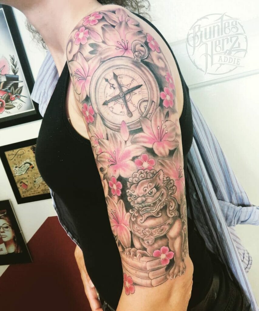 Floral Compass Sleeve Tattoo