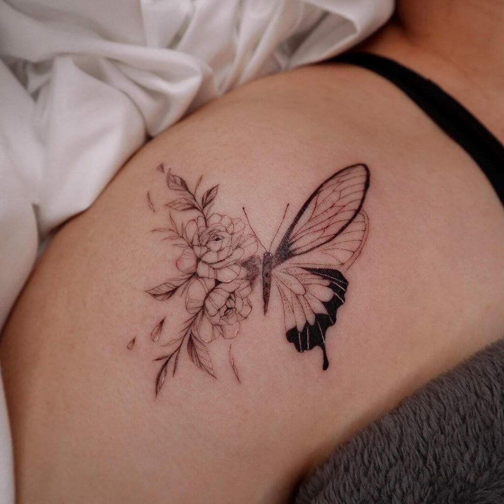 Floral Garden Tattoo With Butterfly On Shoulder