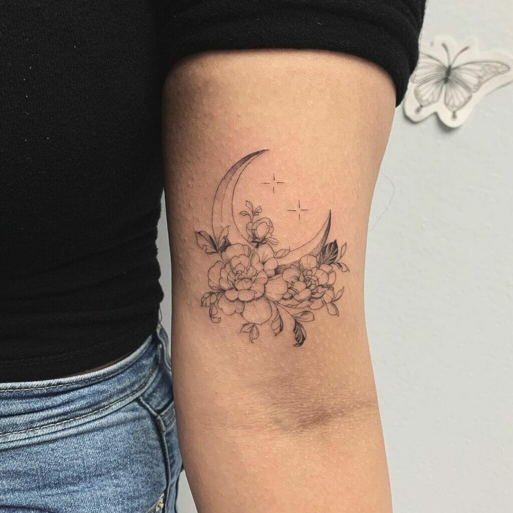 Floral Moon And Star Outline Tattoo Design