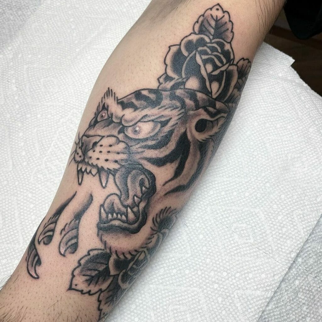 Flower And Traditional Tiger Tattoo