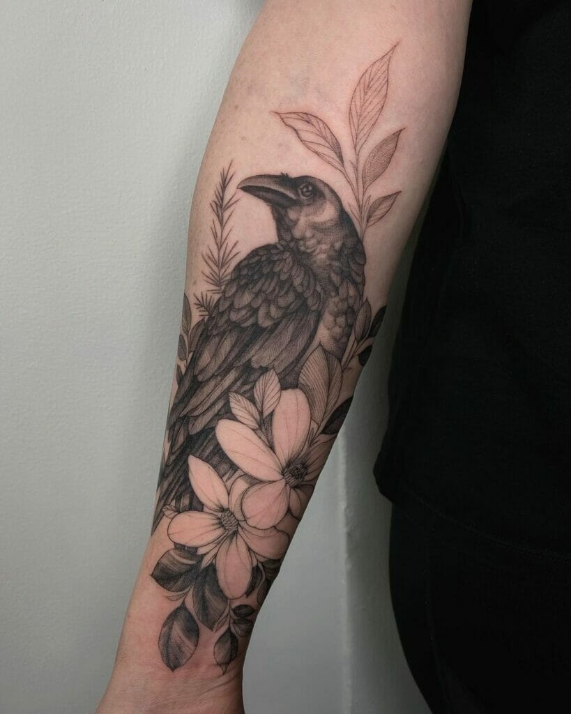 Flowers With A Raven Tattoo