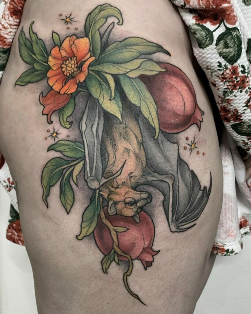 Fruit Bat And Pomegranate Tattoo