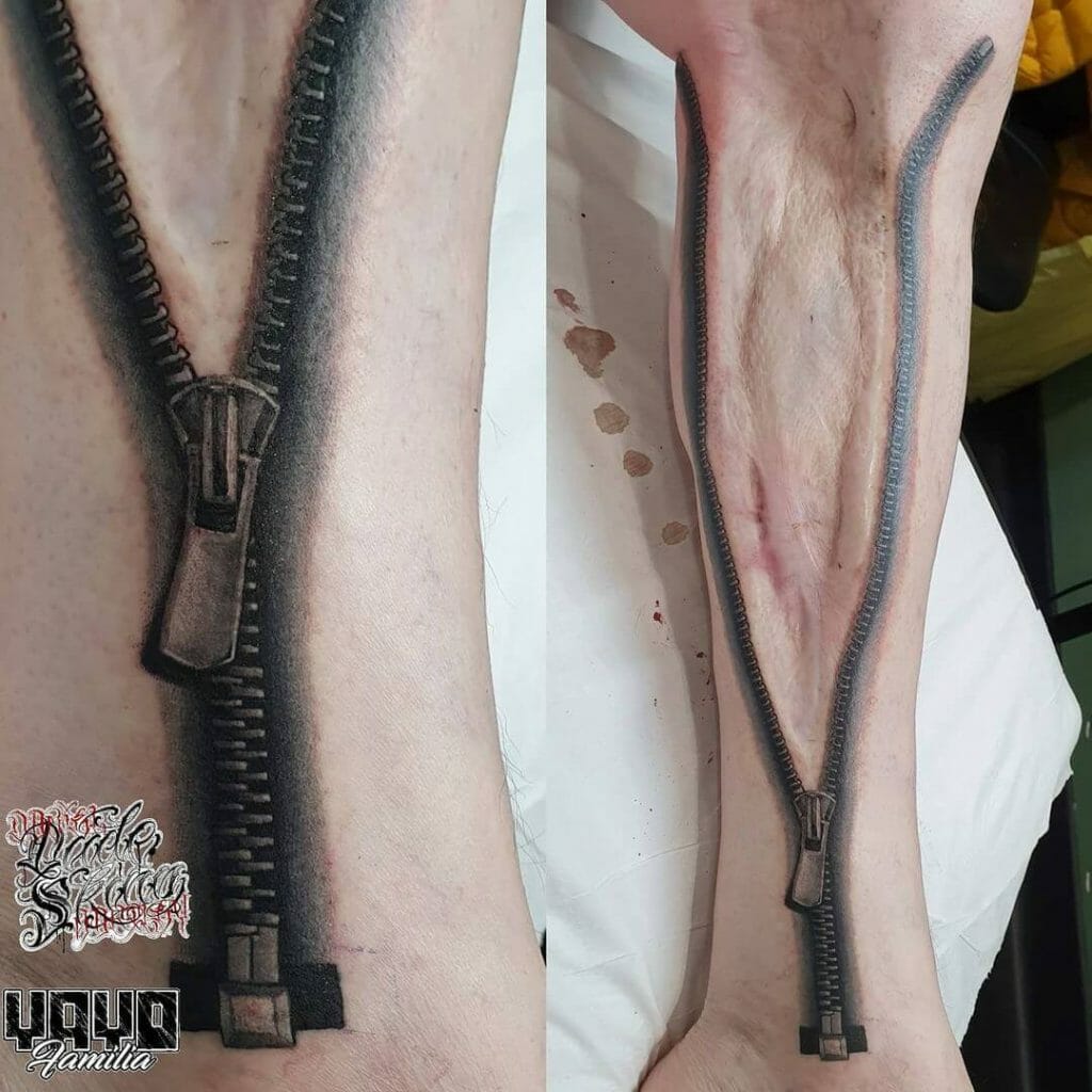 Full Open Zipper Scar Tattoo On Leg