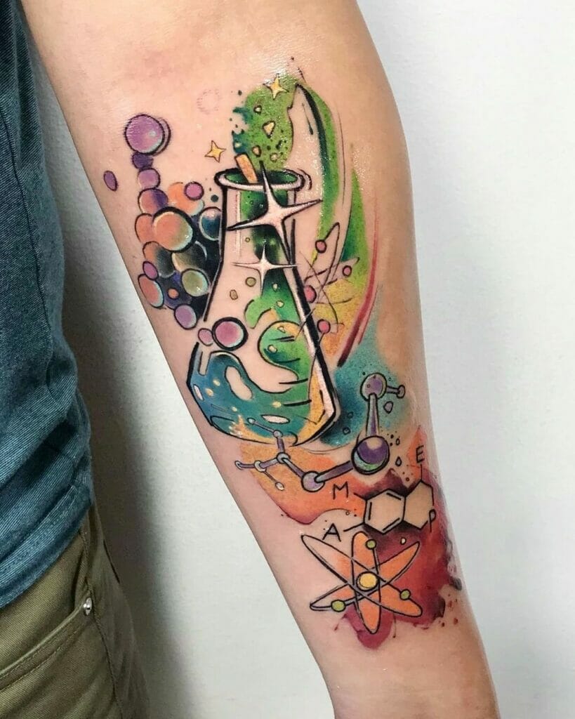 Funky Science Tattoo Design With Molecules And Atom