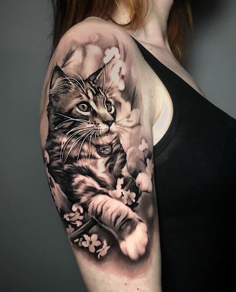 Gorgeous Cat Upper Arm Tattoo Idea