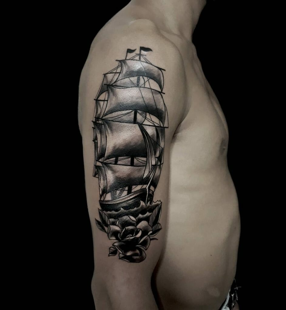 Grayscale Traditional Sailboat Tattoo