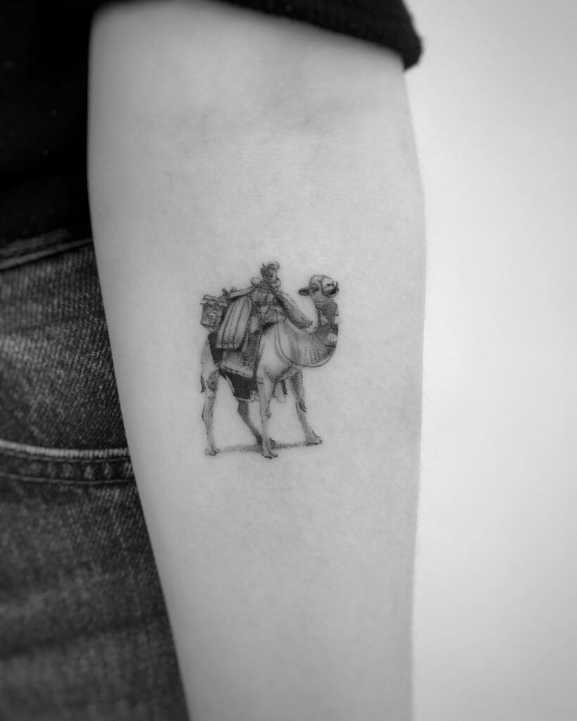 Greyscale Camel Tattoo On Arm