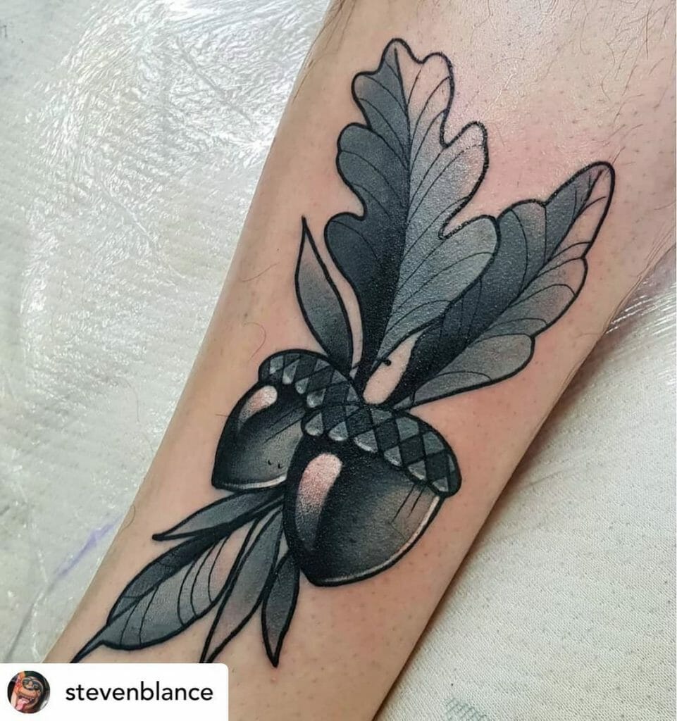 Greyscale Oak Leaf And Acorn Tattoo Skin Art