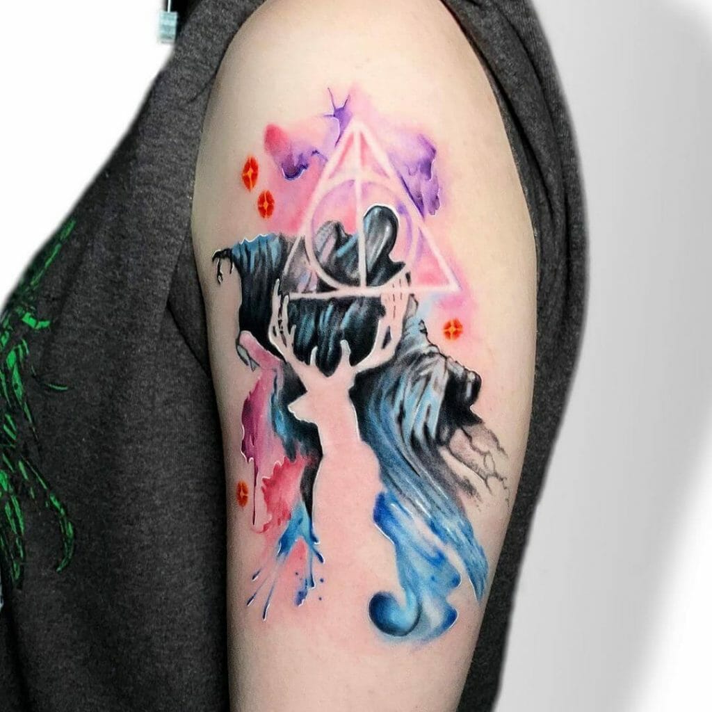 Harry Potter Deathly Hallows Watercolor Tattoo