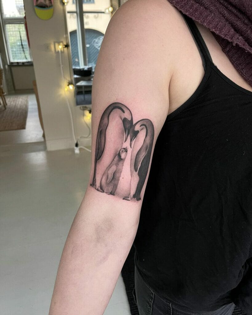 Heart-Shaped Penguin Family Tattoo