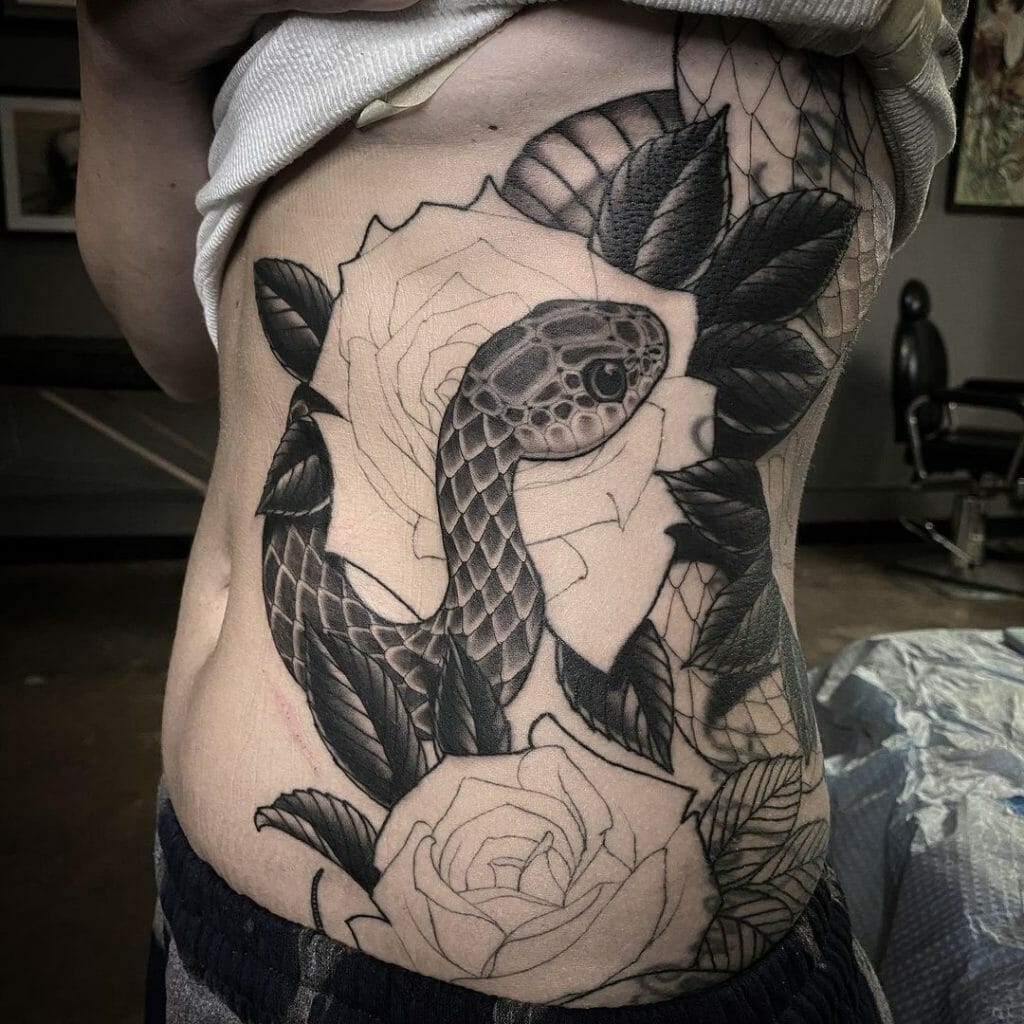 Heavy Graphic Snake And Rose Tattoo
