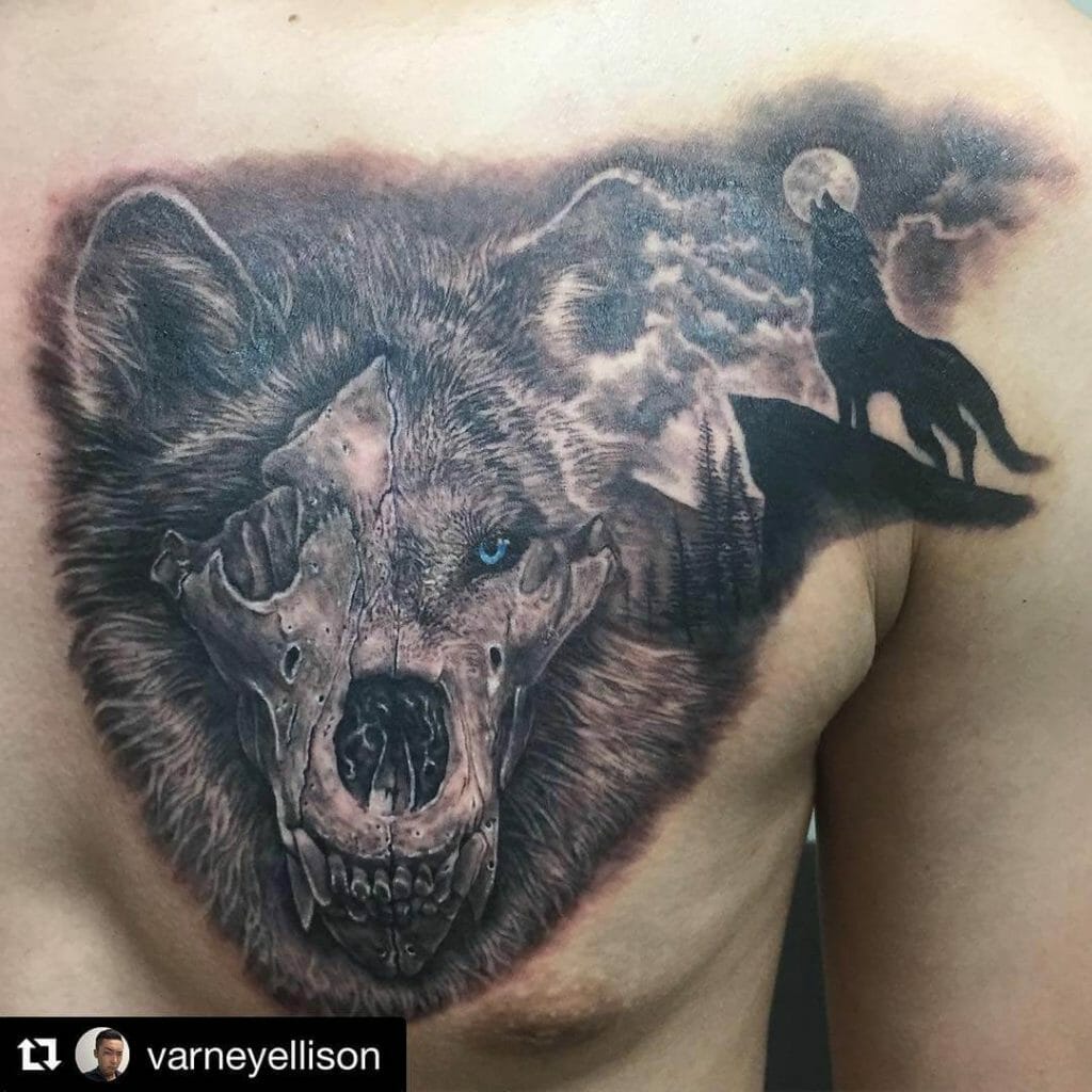 Wolf Head And Skull Tattoo