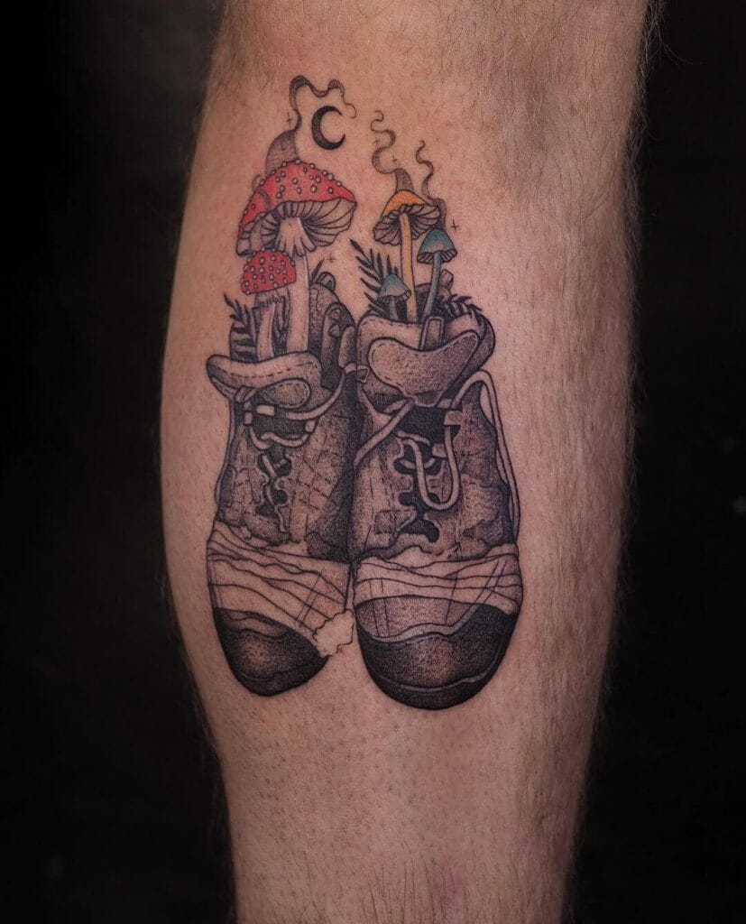 Hiking Shoes With Mushrooms Tattoo