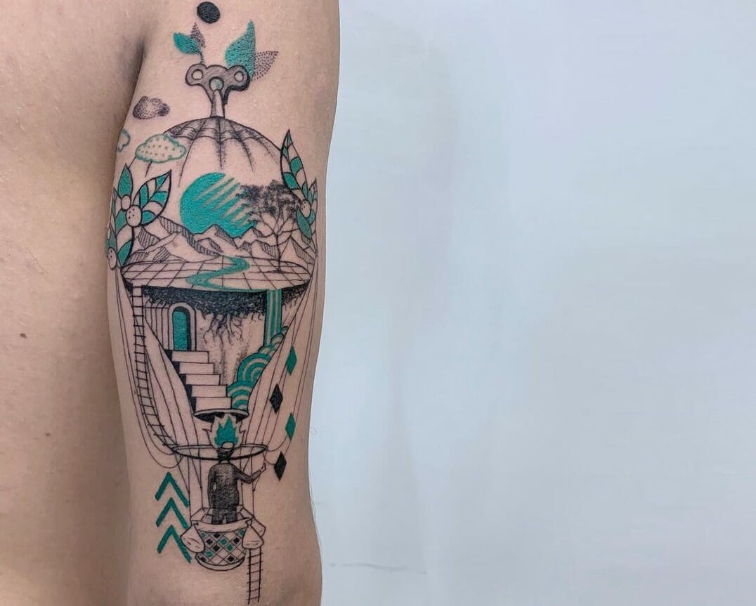 Traditional style hot air balloon and landscape tattoo  Tattoogridnet