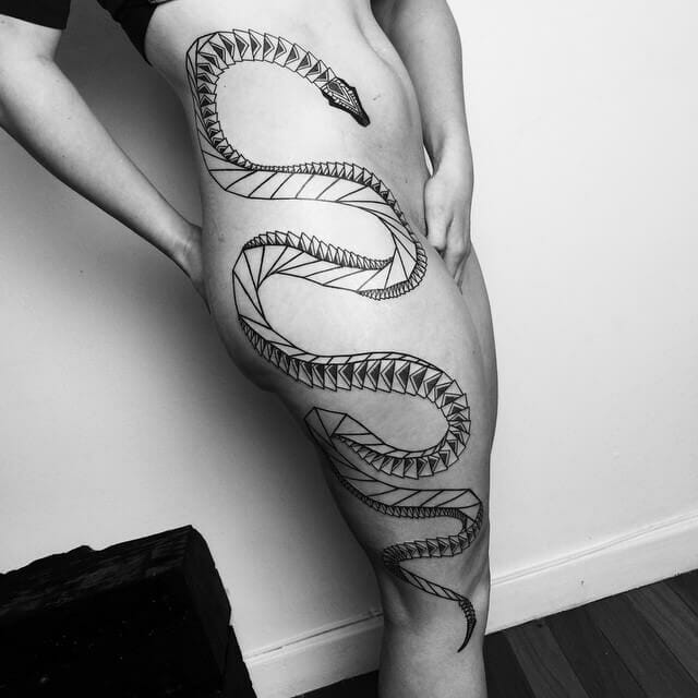 Huge Geometric Snake Side Tattoo