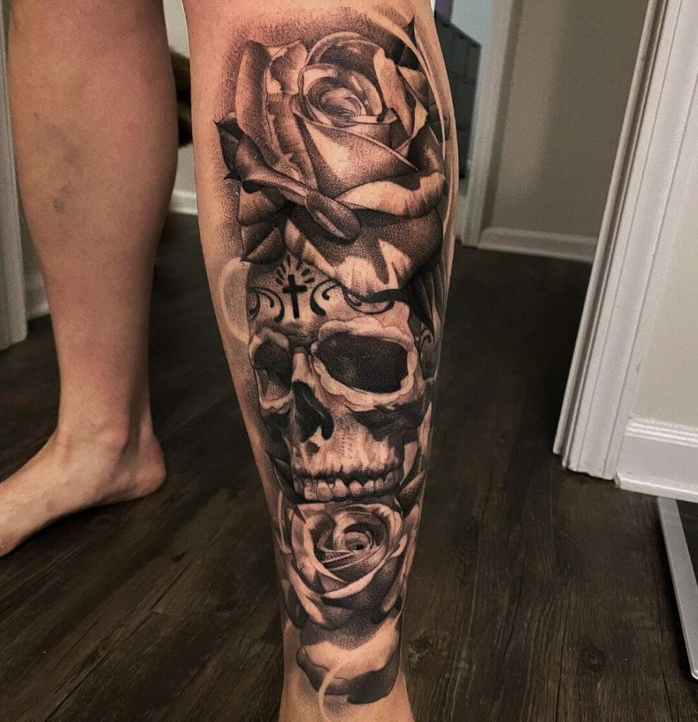Human Skull And Roses Shin Tattoo