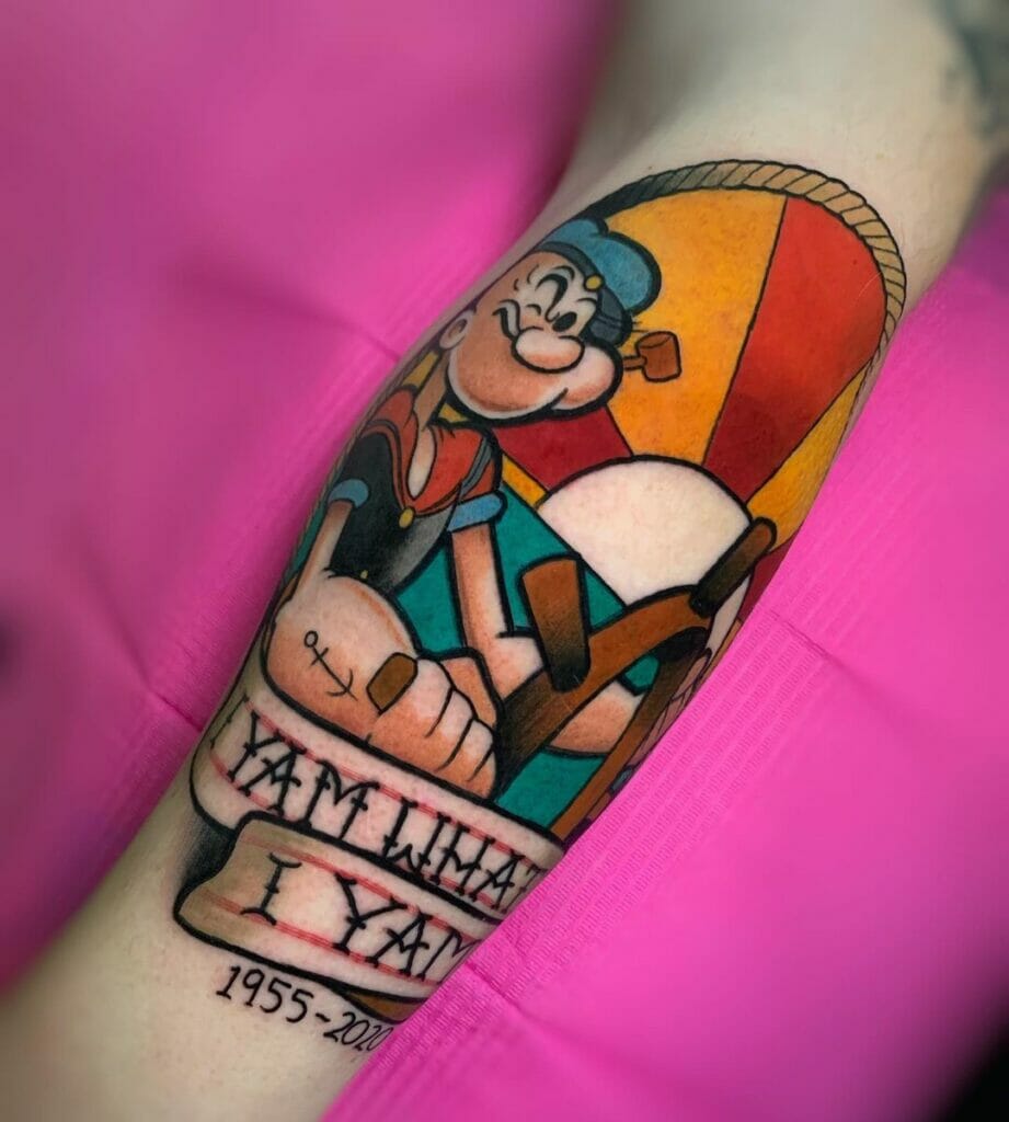 'I Yam What I Yam' Colourful Popeye The Sailor Tattoo