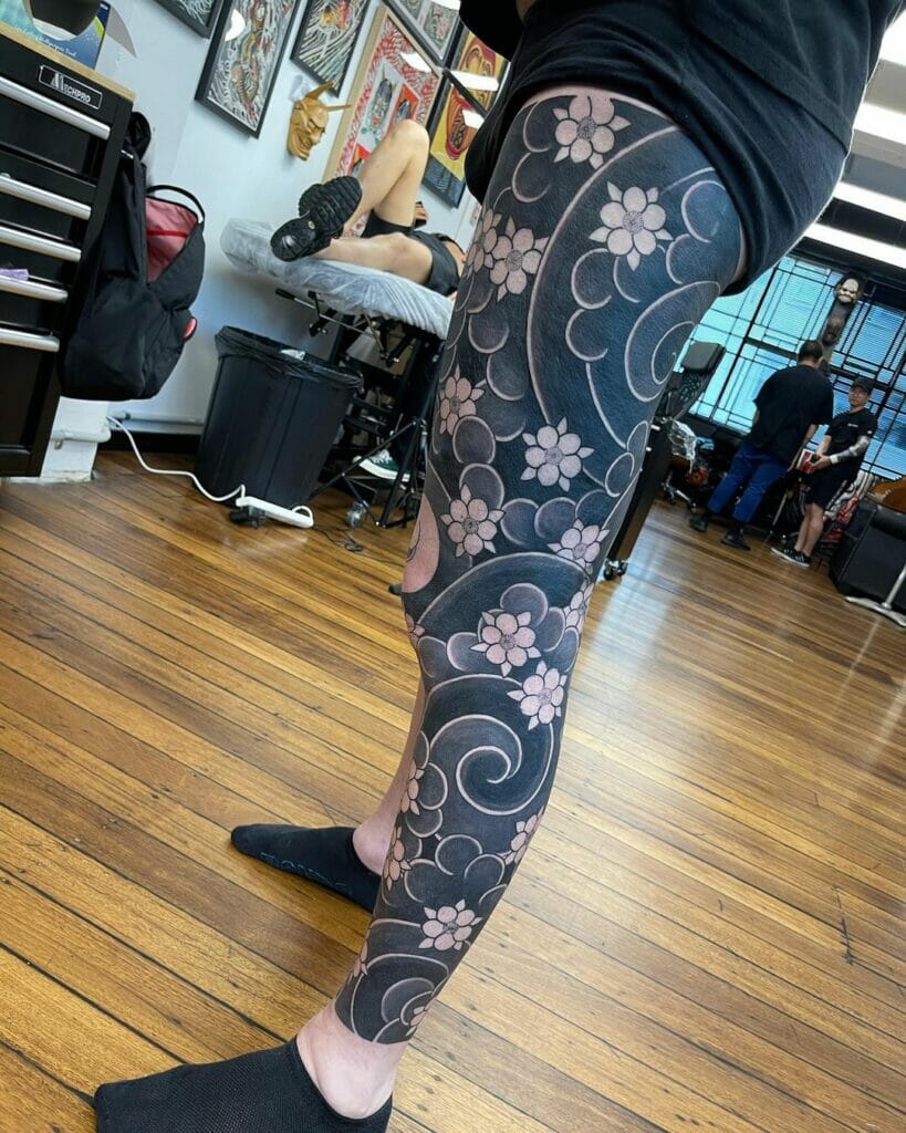 Japanese Flower Leg Tattoo