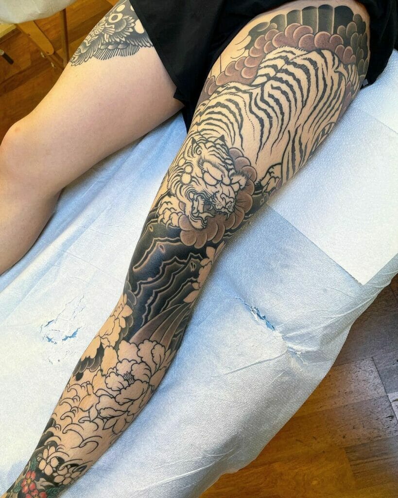 Japanese Leg Tattoo With Tiger