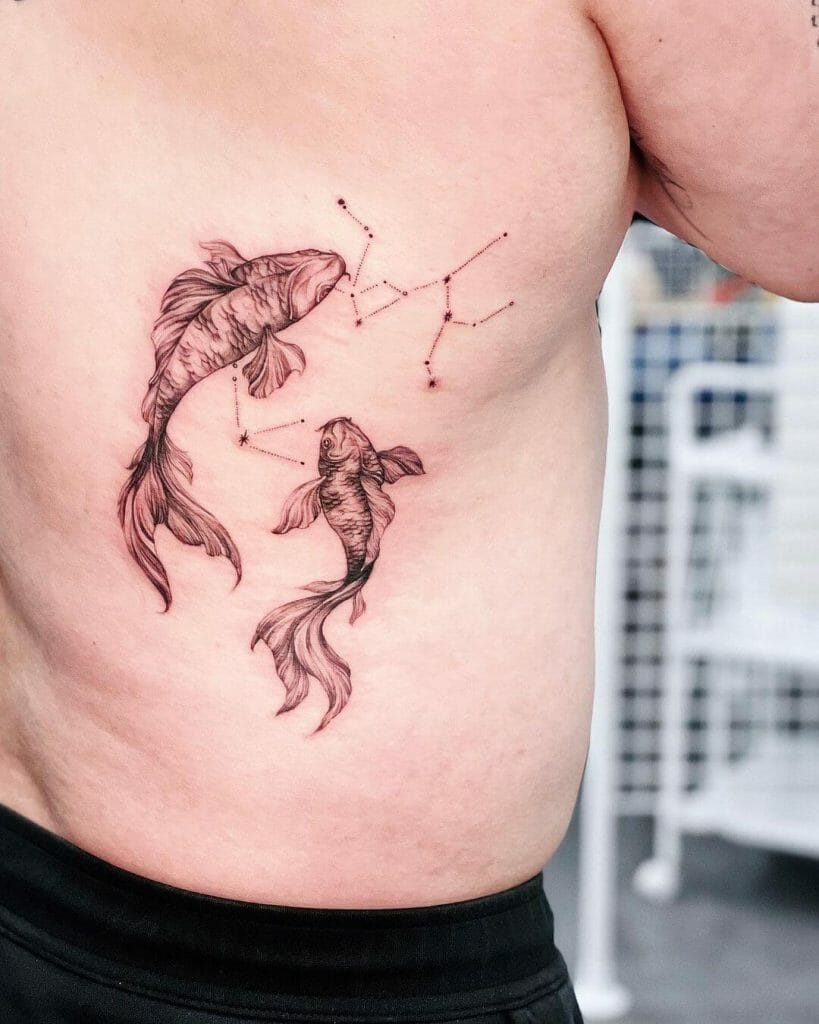 Koi Fish x Sagittarius Constellation Back Tattoo