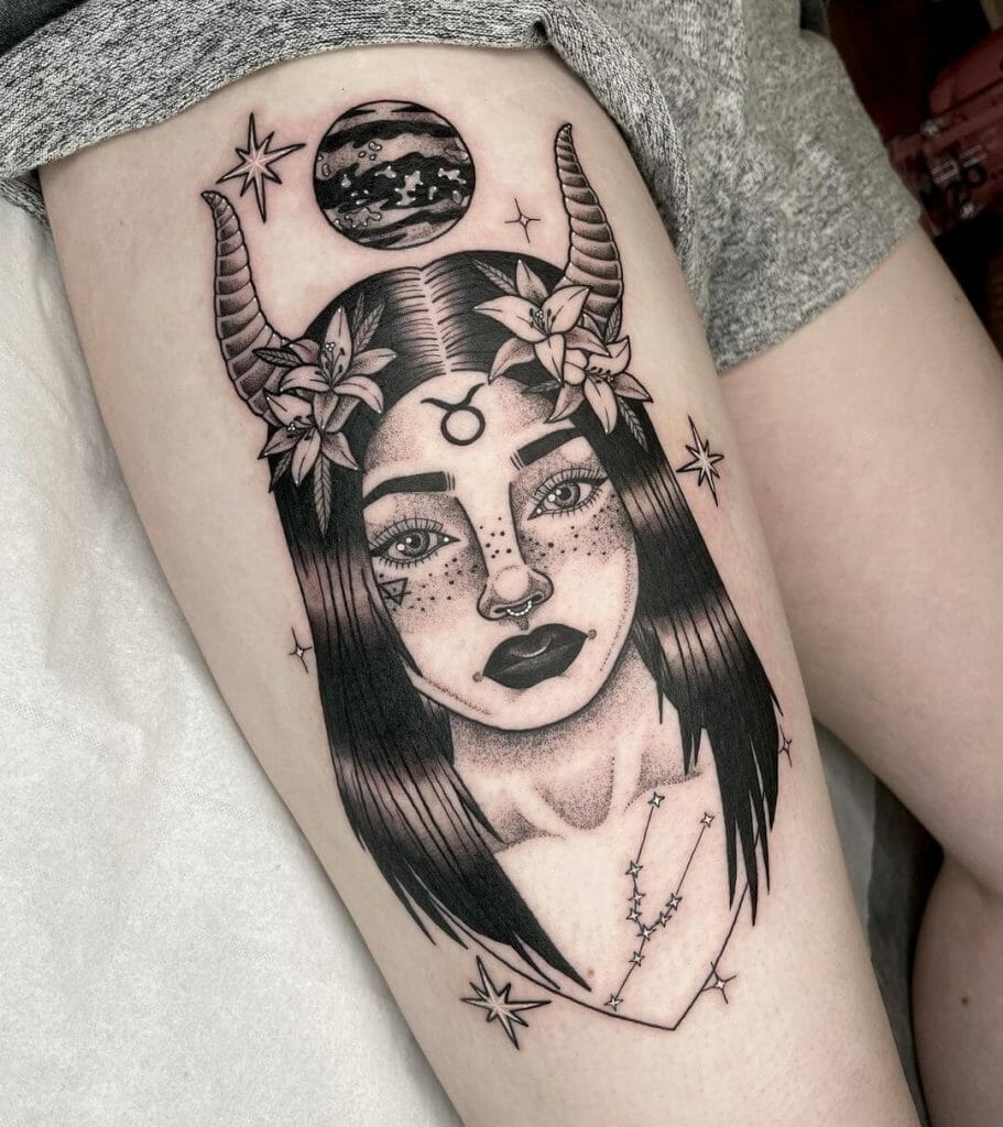 Lady Taurus Tattoo With Taurus Constellation