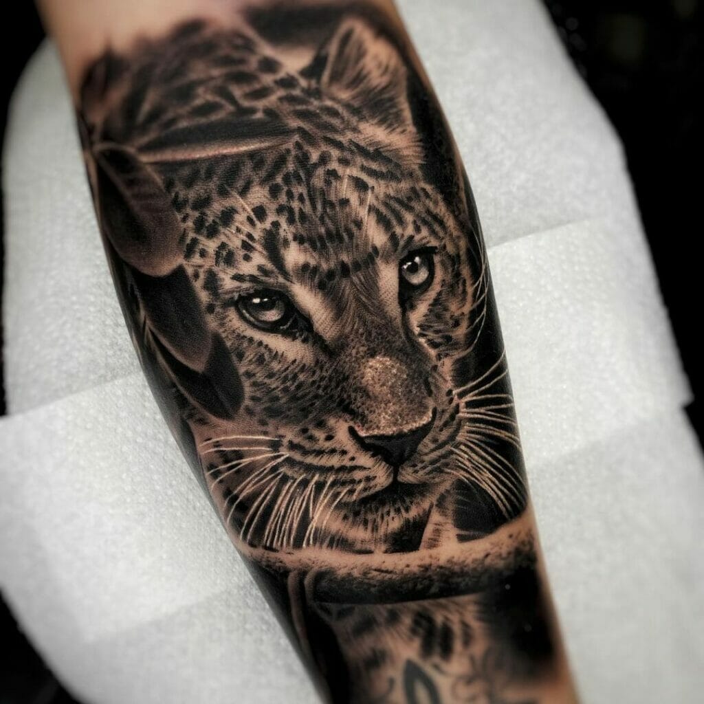 Leopard Face Black And White Tattoo