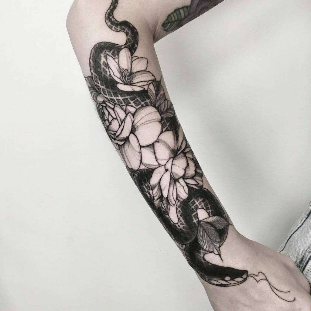 Light And Dark Style Snake And Rose Tattoo