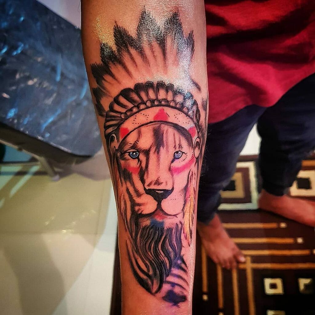 Lion Tattoo With Feathers