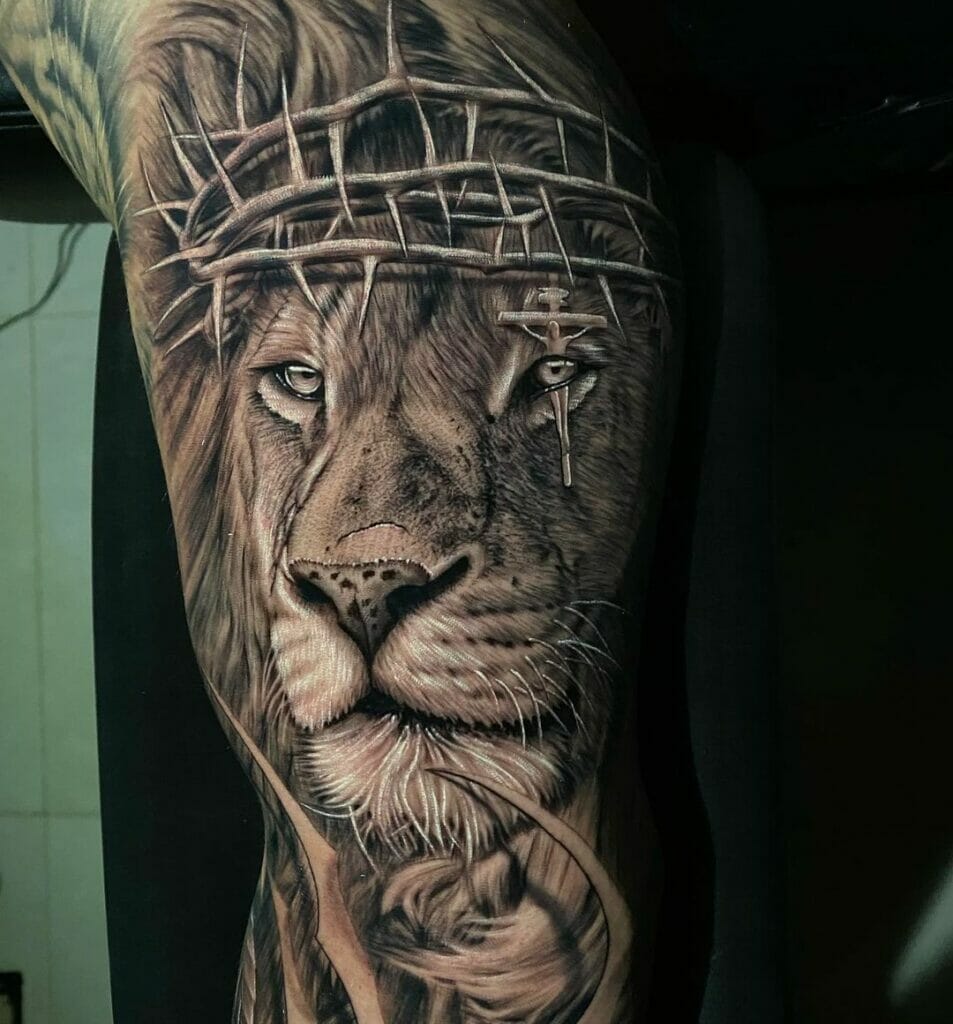 Lion With Crown Of Thorns Tattoo