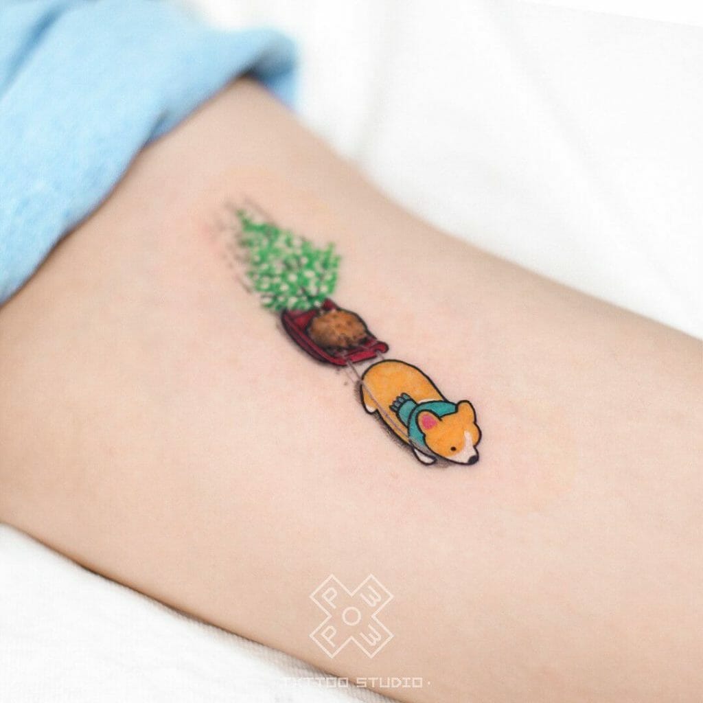 Little Corgi Tattoo With The Xmas Tree